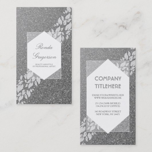 Silver Glitter en White Leaves Laurel Elegant Visitekaartje (Voorkant / Achterkant)