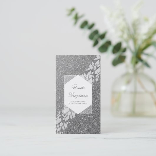 Silver Glitter en White Leaves Laurel Elegant Visitekaartje (Staand voorkant)