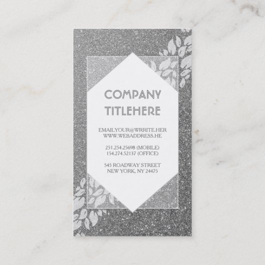 Silver Glitter en White Leaves Laurel Elegant Visitekaartje (Achterkant)