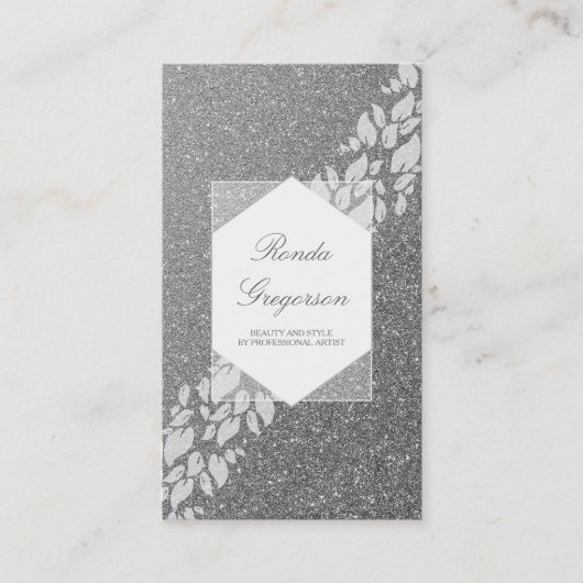 Silver Glitter en White Leaves Laurel Elegant Visitekaartje (Voorkant)