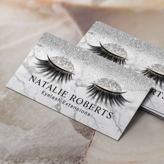 Silver Glitter Eyelash Modern Marble Makeup Artist Visitekaartje