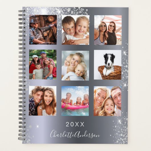 Silver glitter familie foto collage monogram 2023 planner (Voorkant)