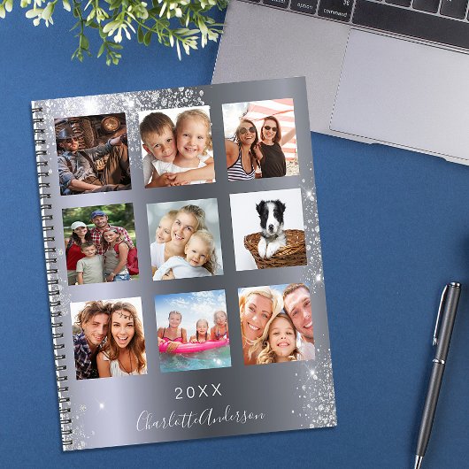 Silver glitter familie foto collage monogram 2023 planner