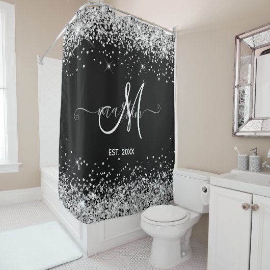 Silver Glitter Family Monogram Black Douchegordijn (In situ)