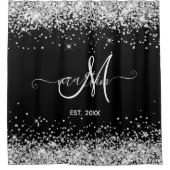Silver Glitter Family Monogram Black Douchegordijn (Voorkant)