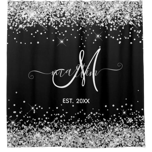 Silver Glitter Family Monogram Black Douchegordijn (Voorkant)