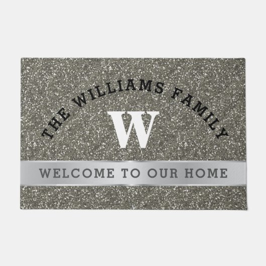 Silver Glitter Family Monogram Initiaal Welkom Deurmat (Voorkant)