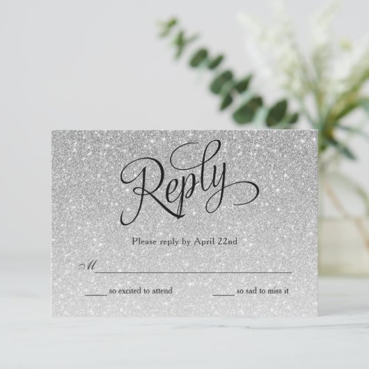 Silver Glitter Fancy Script Reply Kaart (Staand voorkant)