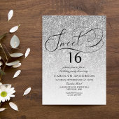 Silver Glitter Fancy Script Sweet 16 Birthday Kaart
