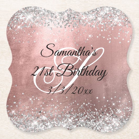 Silver Glitter Faux Roos Gold Foil 21st Birthday Kartonnen Onderzetters (Voorkant)