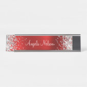 Silver Glitter Faux Ruby Red Folie Bureau Naambordje (Voorkant)