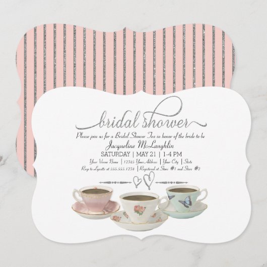 Silver Glitter Faux Vrijgezellenfeest Tea Party Mo Kaart (Voorkant / Achterkant)