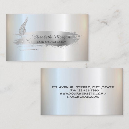 Silver Glitter Feather Silver Brush Stroke Notary Visitekaartje (Voorkant / Achterkant)