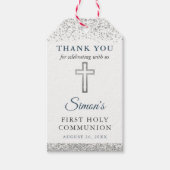 Silver Glitter First Heilige Communie Dank u Cadeaulabel (Voorkant)