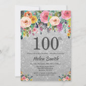 Silver Glitter Floral 100e verjaardag uitnodiging (Voorkant)