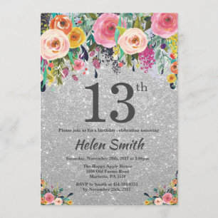 Silver Glitter Floral 13th Birthday Invitation Kaart