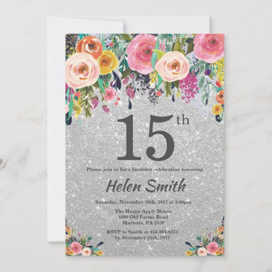 Silver Glitter Floral 15th Birthday Invitation Kaart (Voorkant)