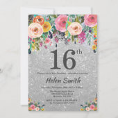 Silver Glitter Floral 16th Birthday Invitation Kaart (Voorkant)