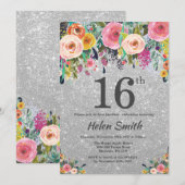 Silver Glitter Floral 16th Birthday Invitation Kaart (Voorkant / Achterkant)