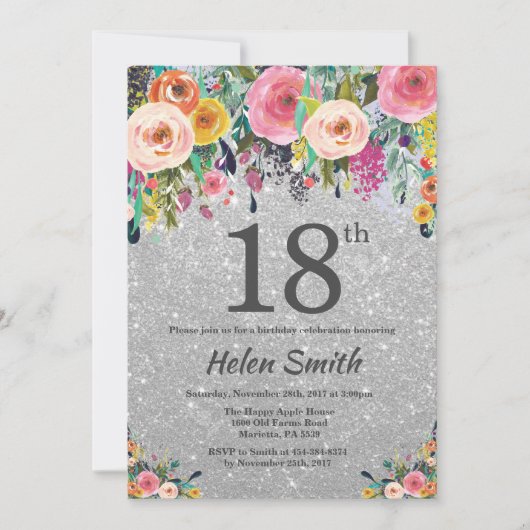 Silver Glitter Floral 18e verjaardag uitnodiging (Voorkant)