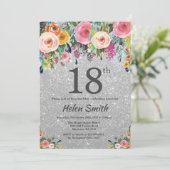 Silver Glitter Floral 18e verjaardag uitnodiging (Staand voorkant)