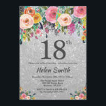 Silver Glitter Floral 18e verjaardag uitnodiging<br><div class="desc">Silver Glitter Floral 18e verjaardag uitnodiging voor vrouwen. Waterverf bloemen. Zilveren glitter achtergrond. Roze, geel, Oranje, Paarse bloem. Verjaardag voor volwassenen. 13e 15e 16e 18e 20e 21e 30e 40e 50e 60e 70e 80e 90e 100e, Alle leeftijden. Voor verdere aanpassing klikt u op de knop "Aanpassen" en gebruikt u onze ontwerptool...</div>