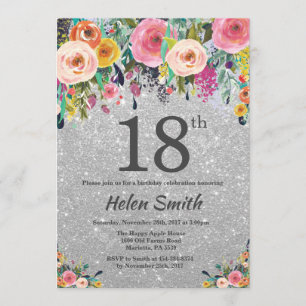 Silver Glitter Floral 18e verjaardag uitnodiging