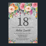 Silver Glitter Floral 18th Birthday Invitation Kaart<br><div class="desc">Silver Glitter Floral 18th Birthday Invitation for Women. Waterverf Floral Flower. Silver Glitter Background Roze, geel, Oranje, Paars ventilator. Volwassen verjaardag. 13e 15e 16e 18e 21e 30e 40e 50e 60e 70e 90e 100e, Alle leeftijden. Voor verdere aanpassing, te klikken gelieve de knoop "van de Aanpassing het"en ons ontwerphulpmiddel te gebruiken...</div>