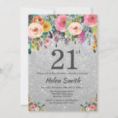 Silver Glitter Floral 21st Birthday Invitation Kaart (Voorkant)