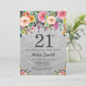 Silver Glitter Floral 21st Birthday Invitation Kaart (Staand voorkant)