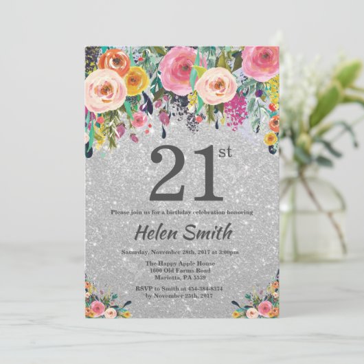 Silver Glitter Floral 21st Birthday Invitation Kaart (Staand voorkant)