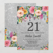Silver Glitter Floral 21st Birthday Invitation Kaart (Voorkant / Achterkant)