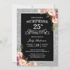 Silver Glitter Floral 25th Surprise Birthday Party Kaart