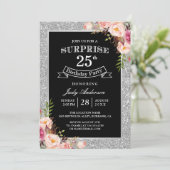 Silver Glitter Floral 25th Surprise Birthday Party Kaart (Staand voorkant)