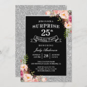 Silver Glitter Floral 25th Surprise Birthday Party Kaart (Voorkant / Achterkant)
