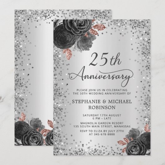 Silver Glitter Floral 25th Wedding Jubileum Kaart (Voorkant / Achterkant)