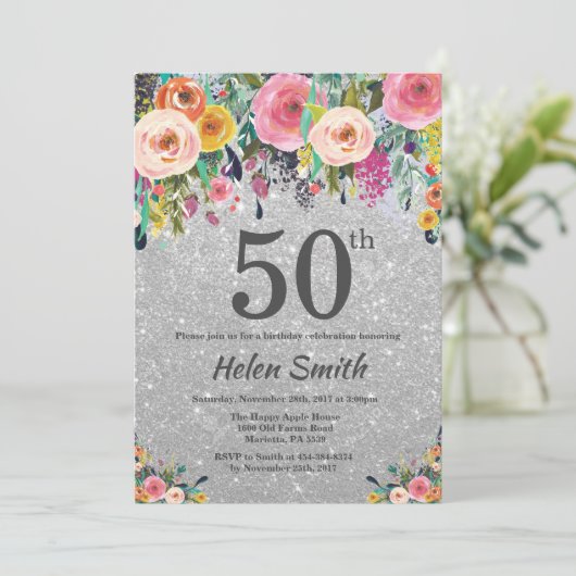 Silver Glitter Floral 50th Birthday Invitation Kaart (Staand voorkant)