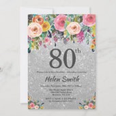 Silver Glitter Floral 80th Birthday Invitation Kaart (Voorkant)