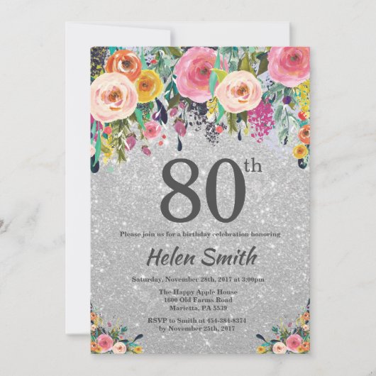 Silver Glitter Floral 80th Birthday Invitation Kaart (Voorkant)