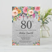 Silver Glitter Floral 80th Birthday Invitation Kaart (Staand voorkant)