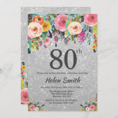 Silver Glitter Floral 80th Birthday Invitation Kaart (Voorkant / Achterkant)