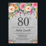 Silver Glitter Floral 80th Birthday Invitation Kaart<br><div class="desc">Silver Glitter Floral 80th Birthday Invitation for Women. Waterverf Floral Flower. Silver Glitter Background Roze, geel, Oranje, Paars ventilator. Volwassen verjaardag. 13e 15e 16e 18e 21e 30e 40e 50e 60e 70e 90e 100e, Alle leeftijden. Voor verdere aanpassing, te klikken gelieve de knoop "van de Aanpassing het"en ons ontwerphulpmiddel te gebruiken...</div>