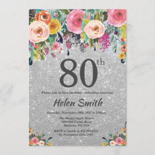 Silver Glitter Floral 80th Birthday Invitation Kaart