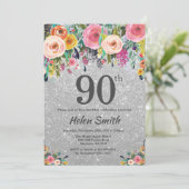 Silver Glitter Floral 90th Birthday Invitation Kaart (Staand voorkant)