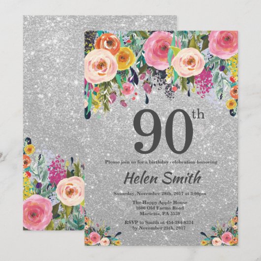 Silver Glitter Floral 90th Birthday Invitation Kaart (Voorkant / Achterkant)