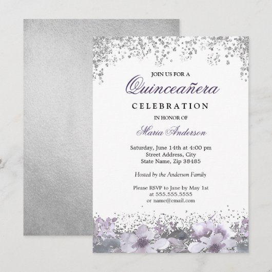 Silver Glitter Floral Paars Quinceanera Invite Kaart (Voorkant / Achterkant)