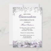 Silver Glitter Floral Paars Quinceanera Invite Kaart (Voorkant)
