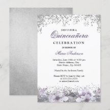 Silver Glitter Floral Paars Quinceanera Invite