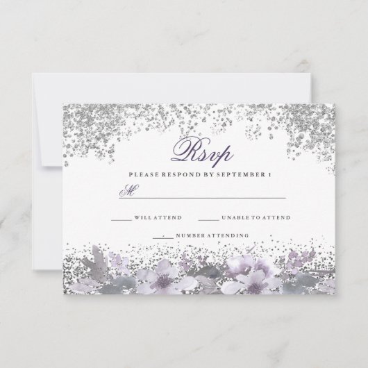 Silver Glitter Floral Paars Wedding RSVP (Voorkant)