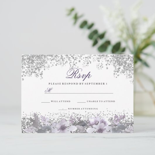 Silver Glitter Floral Paars Wedding RSVP (Staand voorkant)